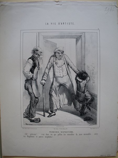 Black and white illustration depicting three men indoors during the July Monarchy era, two of whom appear elderly and one child. The older men, one using a cane and the other with pince-nez glasses, seem to be in a quarrel. The surroundings have minimal detail.