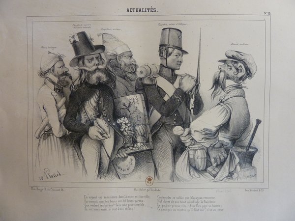 Black and white illustration featuring a group of five men displaying various occupations and attires. A man with long facial hair wears a top hat adorned with a small insect, symbolizing his role as a painter. A man in a detailed military uniform holds a staff, and another in a cap carries a basket, indicating a worker. The scene captures the diversity of societal roles during the July Monarchy, as inferred through their distinct outfits and accessories.