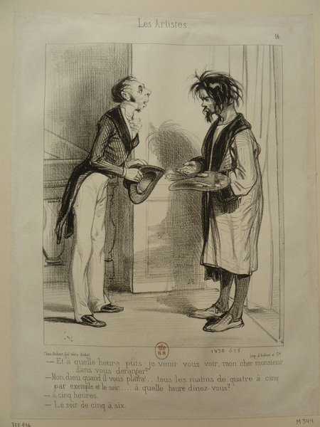 Two men in a studio from the July Monarchy era. One man, an artist type with long messy hair and facial hair, stands before an easel, holding a palette and brushes. The second man, a more elegantly dressed, art collector type with shorter hair, a top hat in one hand, talks to the artist. Both characters are illustrative of Bohemian styles of the period.
