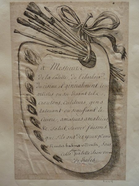 A detailed etching of a palette and artist brushes tied together with a ribbon, surrounded by elegant cursive script. The artwork and accessories are depicted in a realistic and intricate style.