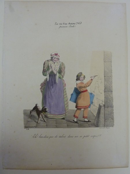 An illustration showing a woman and a young student next to a graffiti-covered folio on a street. The student appears to be writing or drawing on the folio, while the woman, holding her hands together, observes. A small dog is present, moving past them.