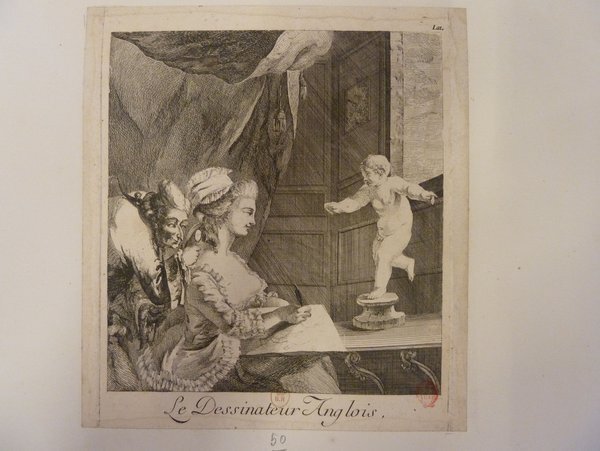 Historical drawing depicting women students and a teacher inside a room, dressed in outfits à la française, including elaborate wigs. Elements include art critics using loupes, a statue, and elements of pedagogy. The scene is set during the Ancien Régime period.