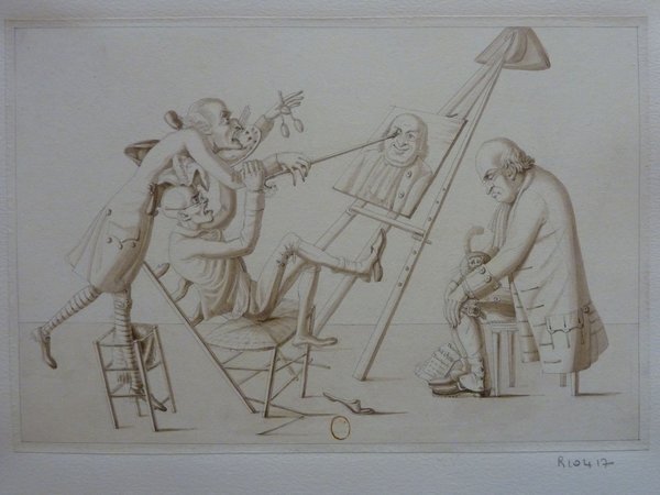 An artwork depicting two cats dressed in elaborate costumes of hats and wigs interacting with an artist in a studio. One cat adjusts the portrait of a smiling face on an easel while another, wearing a tricorne and pince-nez, holds a painter's palette. They are surrounded by easels, and a painter, dressed conservatively, looks on contemplatively.