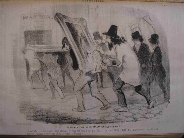 An illustration showing a group of Bohemian artists with facial hair and wearing hats, depicted during the July Monarchy era. One man carries a large painting down a street, while another artist with long hair holds a palette and looks at the paintings, both taking part in a submission of visual works.