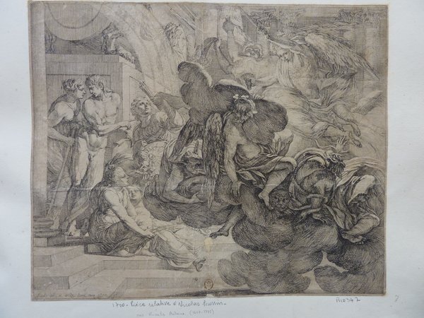 This etching depicts a chaotic scene with multiple figures, including donkeys and women, engaged in heated interactions. Some figures wear laurels, symbolizing ancient regalia. The composition conveys emotions associated with fury and ignorance, reflecting themes of allegory within the Ancien Régime period. Elements of quarreling are evident among the characters.