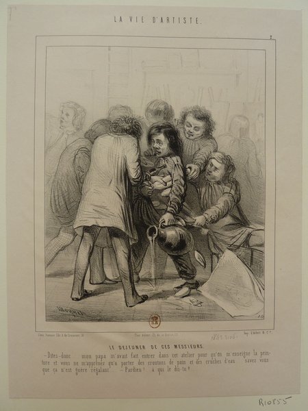 Black and white illustration depicting a scene in an artist's studio during the July Monarchy, featuring a group of male students with various expressions. Some men with long hair and facial hair are visible, alongside easels and items suggesting the act of eating and drinking.