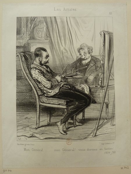 A black and white illustration of a scene in an art studio featuring two male figures, one seated across from the other. One is a painter with facial hair, dressed in a bourgeois outfit, working at an easel with a palette in hand. The other, a portrait sitter, wears a bohemian outfit and is seated comfortably. The room includes additional items like paintings and an artists' model statue.