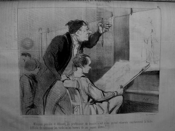 Black and white drawing depicting a scene in an art studio during the July Monarchy, featuring a teacher wearing pince-nez instructing children, likely students, in drawing. One child is sketching at an easel.