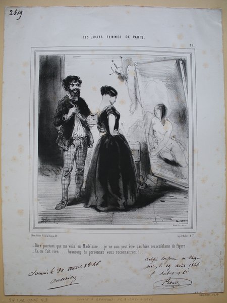 Black and white illustration showing a Bohemian painter with facial hair in a studio, holding a palette and artist's brush, speaking to a female model dressed in a Bohemian outfit standing beside a painting of a woman and a statue in armor.